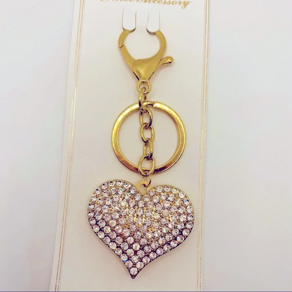Key Chain Purse Charm Heart Crystals set in Golden tone. VERY BRILLIANT